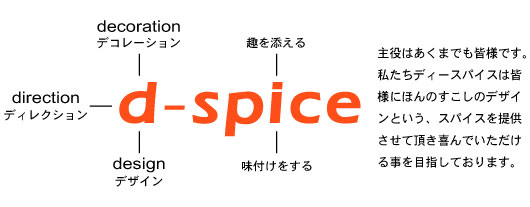 主役はあくまでも皆様です。私たちd-spice・ディースパイスは皆様にほんのすこしのデザインという、スパイスを提供させて頂き喜んでいただける事を目指しております。